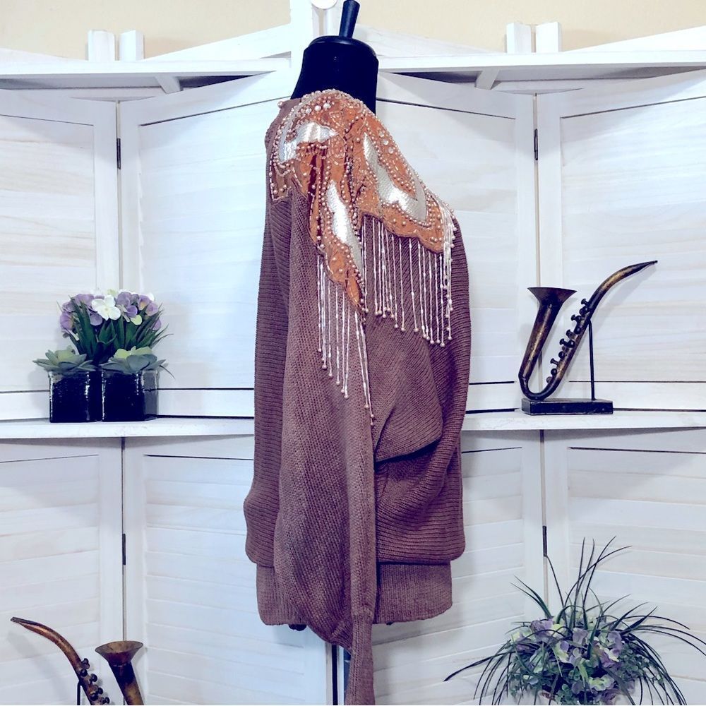 Vintage 80s 90s dolman sleeves beaded chocolate brown cotton tunic sweater sz L - Picture 7 of 9
